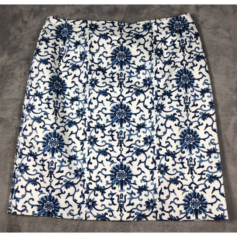 Lauren Ralph Lauren Skirt Size 10 Blue White Chinoiserie Floral Preppy Office